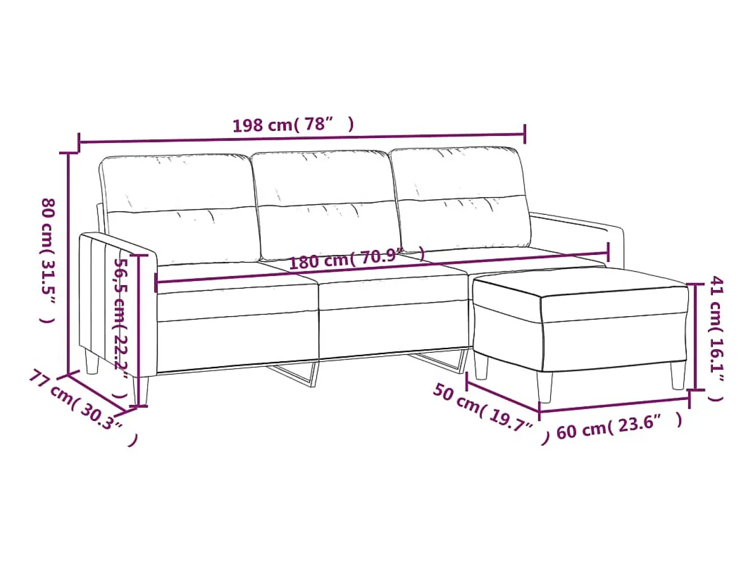 vidaxl Sofá de 3 lugares com apoio de pés 180 cm tecido tinto^ Sofá