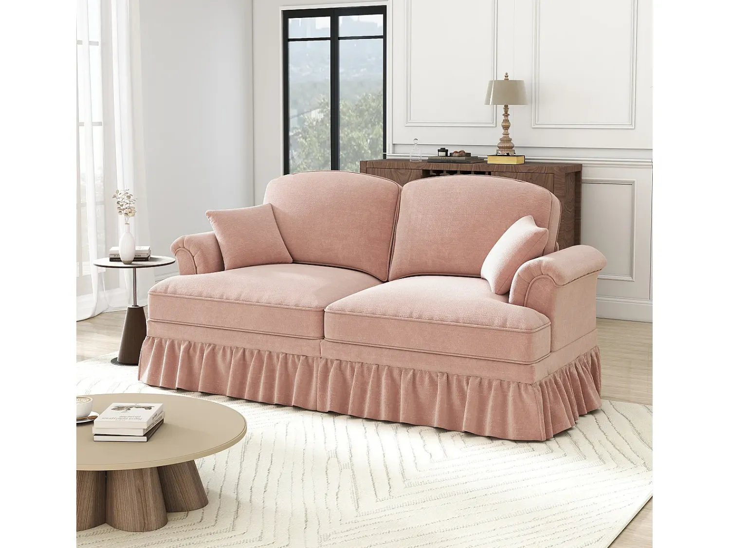 New Hauss Spole Sofá de 2 lugares com apoio lombar e saia plissada removível - Tecido chenille - Rosa