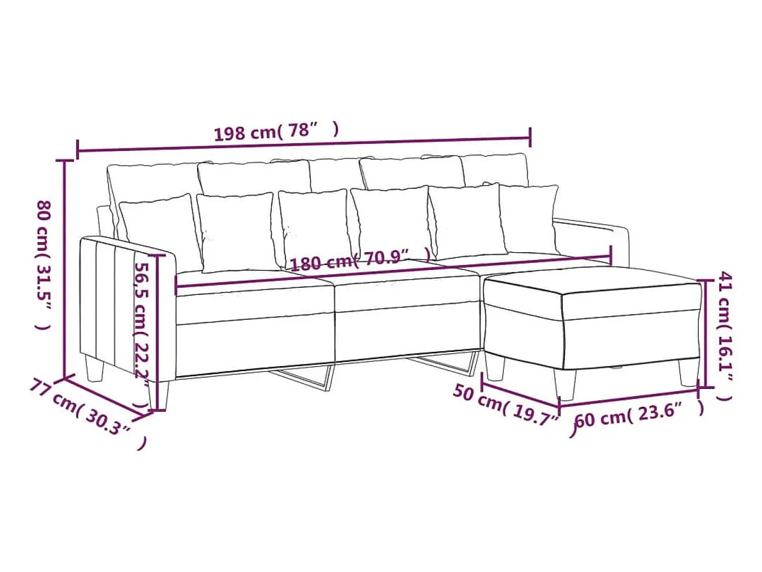 Sofá|vidaxl Sofá de 3 lugares com apoio de pés 180 cm tecido cor Creme