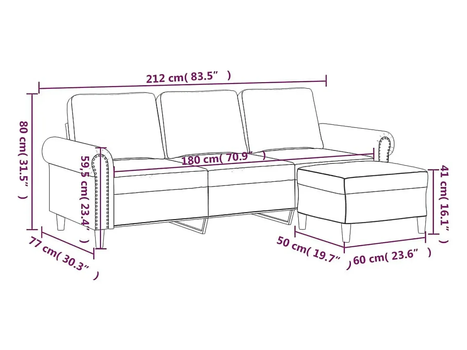 vidaxl Sofá de 3 lugares com apoio de pés 180 cm veludo^ Sofá