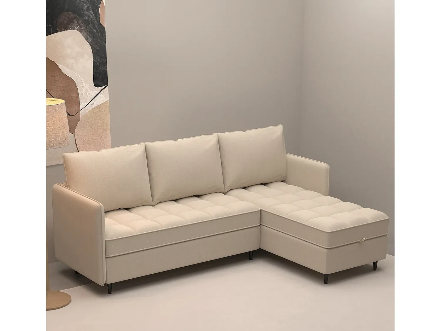 Sofá| Sofá de 3 lugares com arrumação/chaise longue reversível em tecido crème Creme