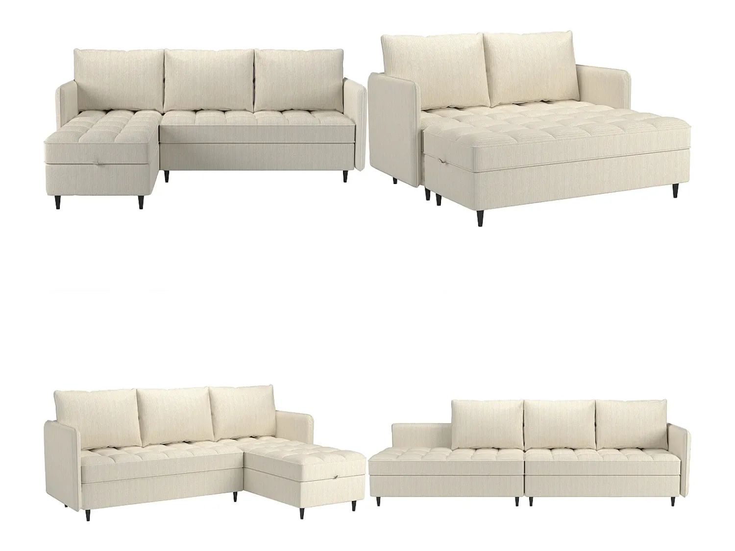 Sofá| Sofá de 3 lugares com arrumação/chaise longue reversível em tecido crème Creme