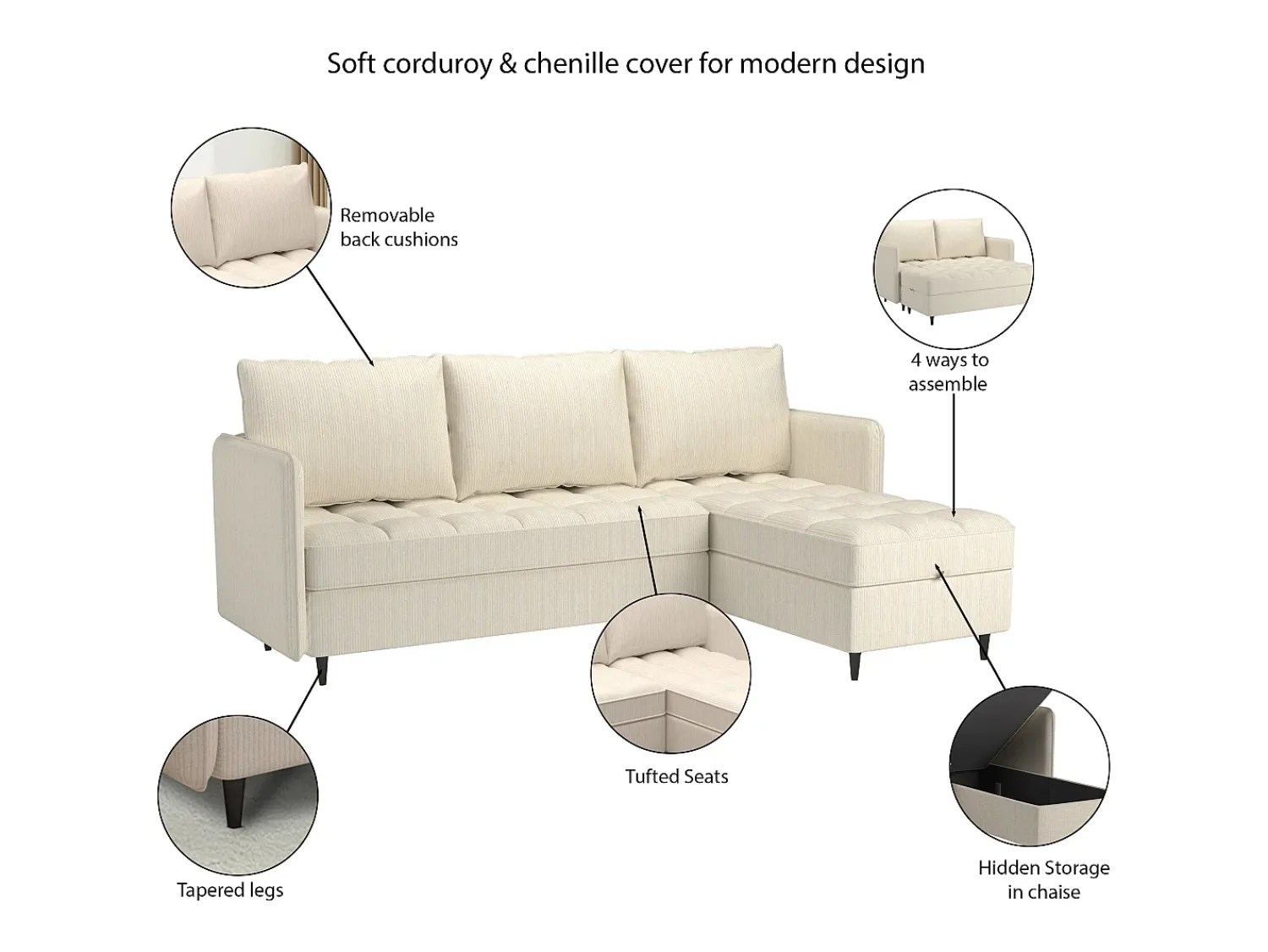 Sofá| Sofá de 3 lugares com arrumação/chaise longue reversível em tecido crème Creme
