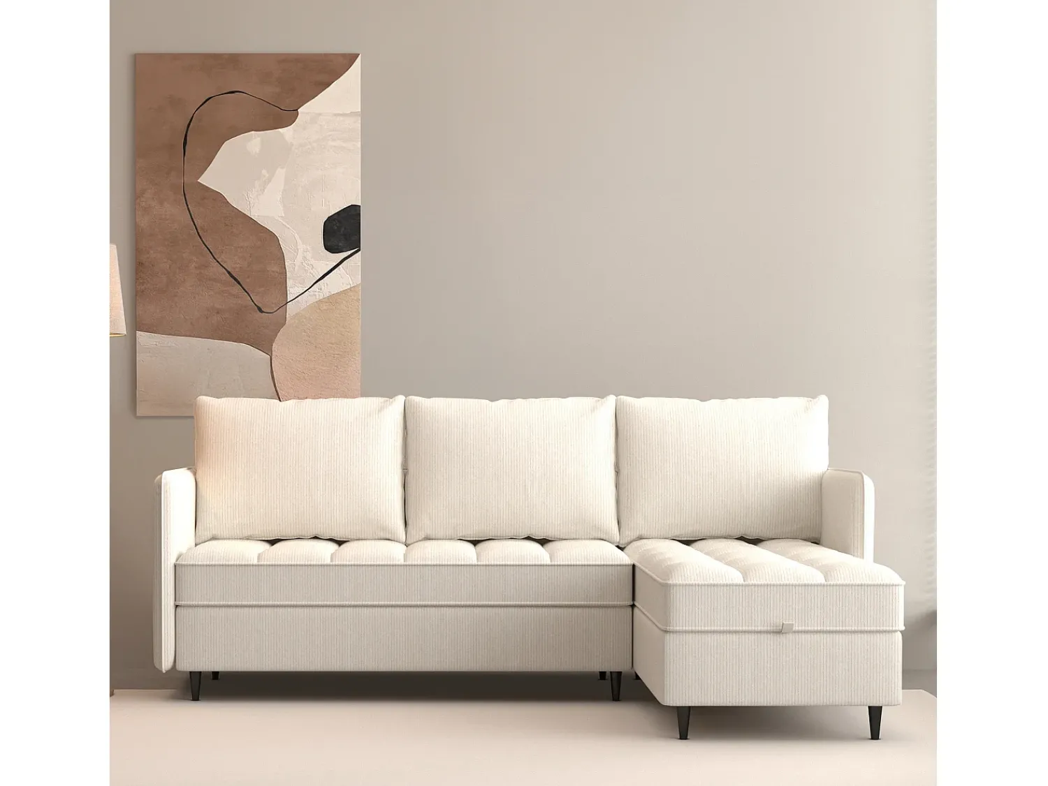 Sofá| Sofá de 3 lugares com arrumação/chaise longue reversível em tecido crème Creme