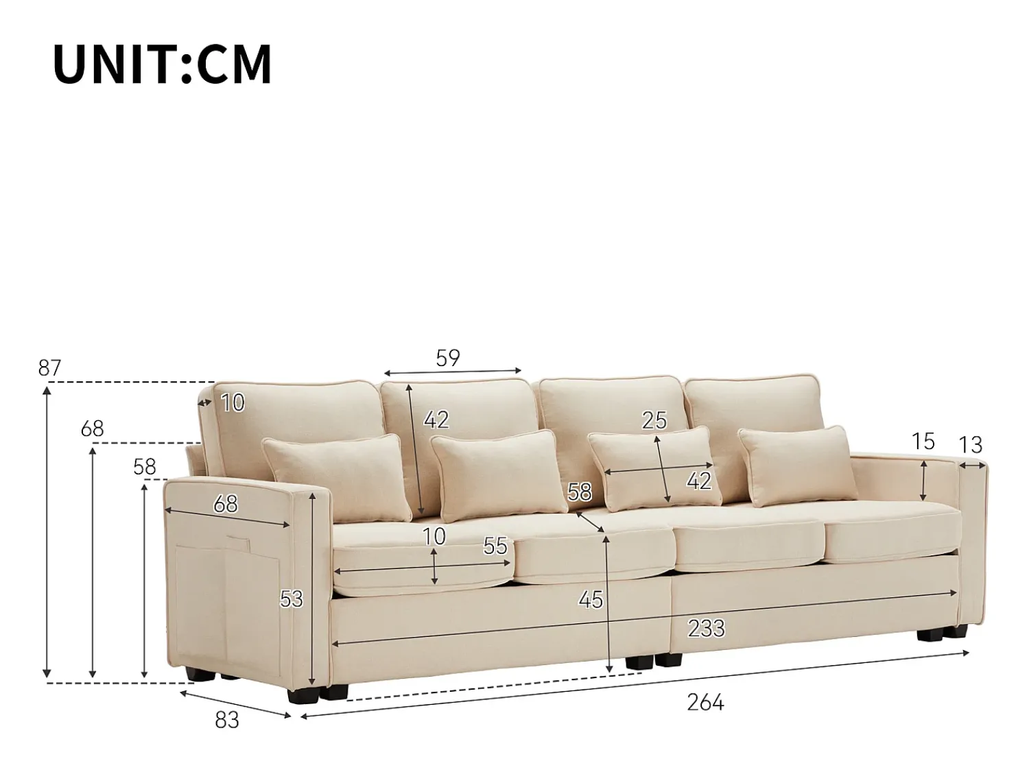 Best Sofá de 4 lugares com braços e 4 almofadas - Linho - para salas de estar e escritórios Bege