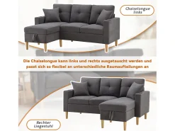 Hot Merax Sofá de 3 lugares com chaise longue - 175 x 129 x 90 cm - com arrumação + 2 almofadas - algodão + linho - cinza escuro Cinzento