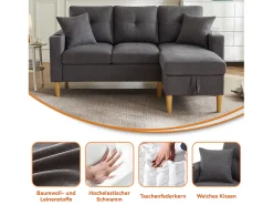 Hot Merax Sofá de 3 lugares com chaise longue - 175 x 129 x 90 cm - com arrumação + 2 almofadas - algodão + linho - cinza escuro Cinzento