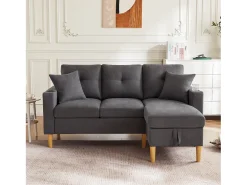 Hot Merax Sofá de 3 lugares com chaise longue - 175 x 129 x 90 cm - com arrumação + 2 almofadas - algodão + linho - cinza escuro Cinzento