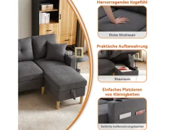 Hot Merax Sofá de 3 lugares com chaise longue - 175 x 129 x 90 cm - com arrumação + 2 almofadas - algodão + linho - cinza escuro Cinzento