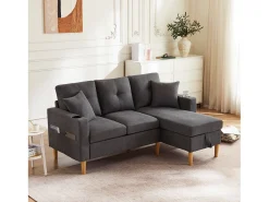 Hot Merax Sofá de 3 lugares com chaise longue - 175 x 129 x 90 cm - com arrumação + 2 almofadas - algodão + linho - cinza escuro Cinzento