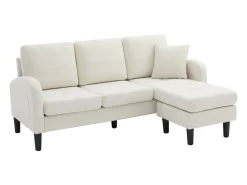 Sofá* Sofá de 3 lugares com chaise longue – Sofá de canto com bolsos laterais – tecido de algodão e linho bege claro Creme