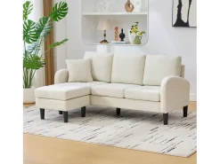 Sofá* Sofá de 3 lugares com chaise longue – Sofá de canto com bolsos laterais – tecido de algodão e linho bege claro Creme