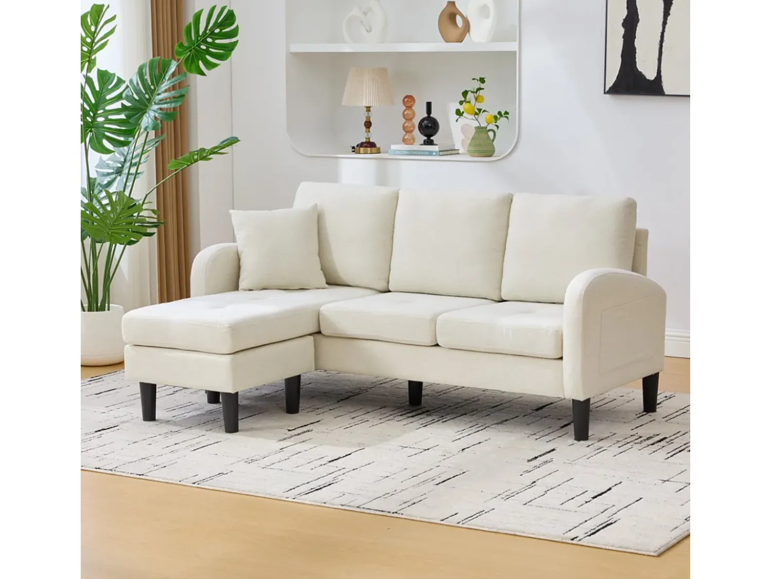 Sofá* Sofá de 3 lugares com chaise longue – Sofá de canto com bolsos laterais – tecido de algodão e linho bege claro Creme