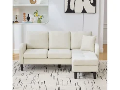 Sofá* Sofá de 3 lugares com chaise longue – Sofá de canto com bolsos laterais – tecido de algodão e linho bege claro Creme