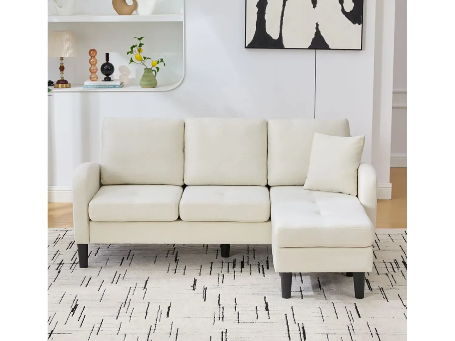 Sofá* Sofá de 3 lugares com chaise longue – Sofá de canto com bolsos laterais – tecido de algodão e linho bege claro Creme