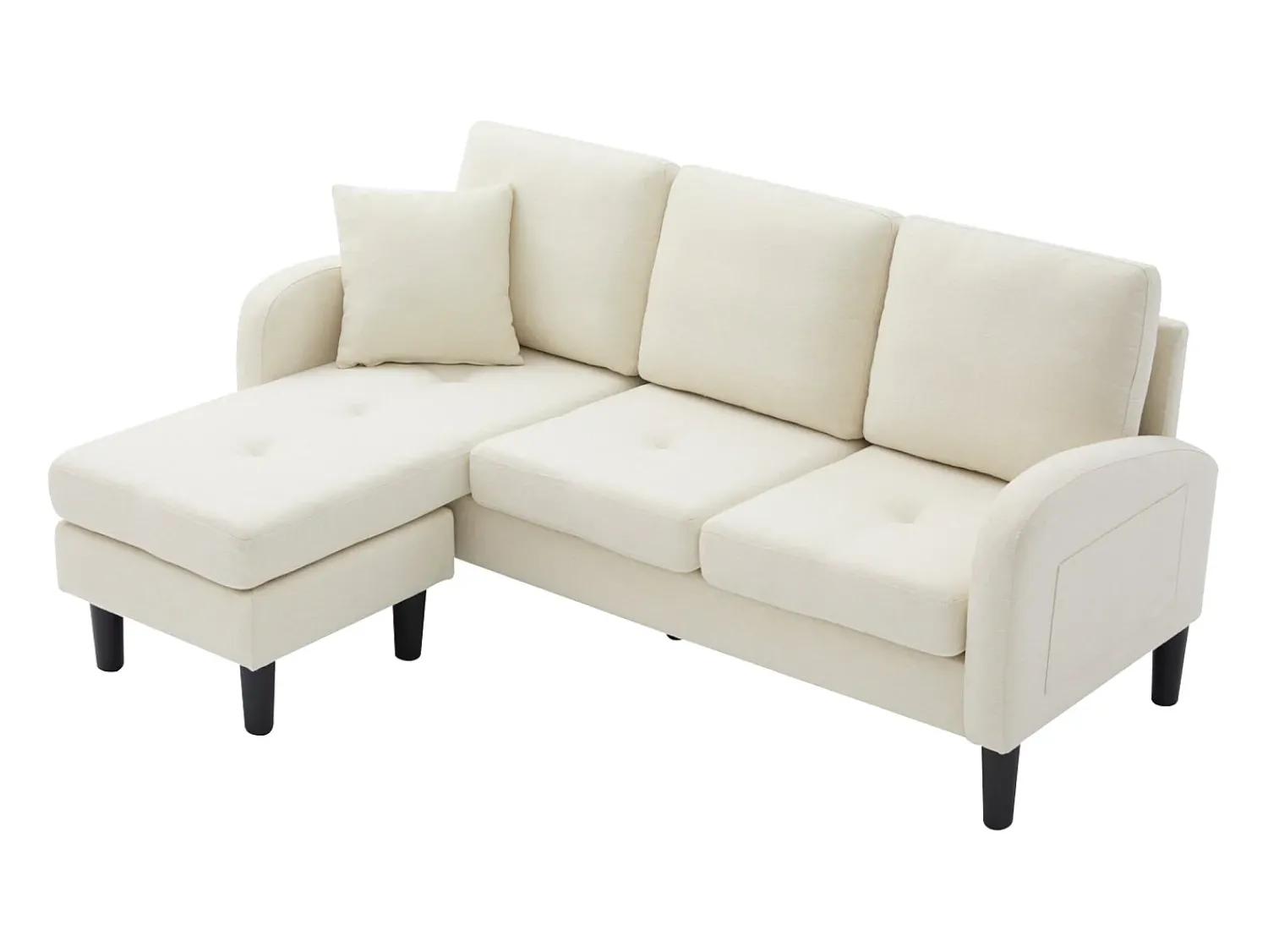 Sofá* Sofá de 3 lugares com chaise longue – Sofá de canto com bolsos laterais – tecido de algodão e linho bege claro Creme