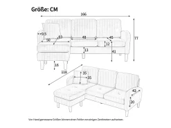Sofá* Sofá de 3 lugares com chaise longue – Sofá de canto com bolsos laterais – tecido de algodão e linho bege claro Creme