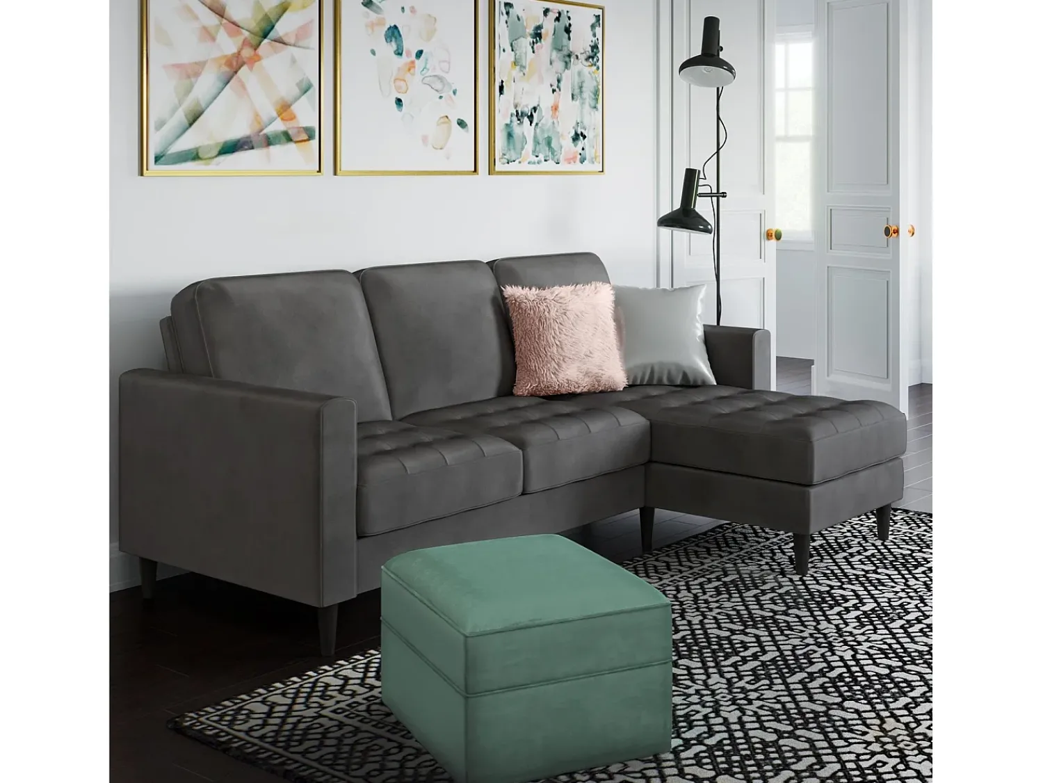 Outlet CosmoLiving by Cosmopolitan Sofá de 3 lugares com chaise longue em veludo Cinzento