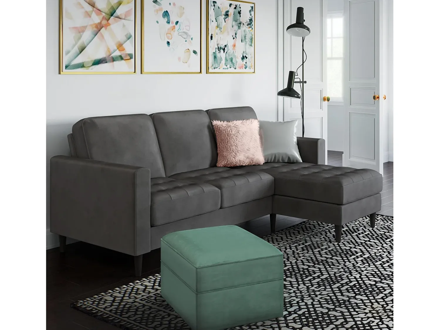 Outlet CosmoLiving by Cosmopolitan Sofá de 3 lugares com chaise longue em veludo Cinzento
