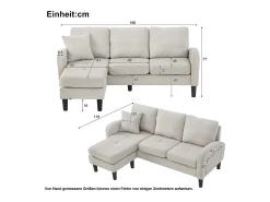 Sofá de 3 lugares com chaise longue – Sofá de canto com bolsos laterais – tecido de algodão e linho^ Sofá