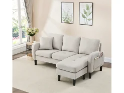 Sofá de 3 lugares com chaise longue – Sofá de canto com bolsos laterais – tecido de algodão e linho^ Sofá