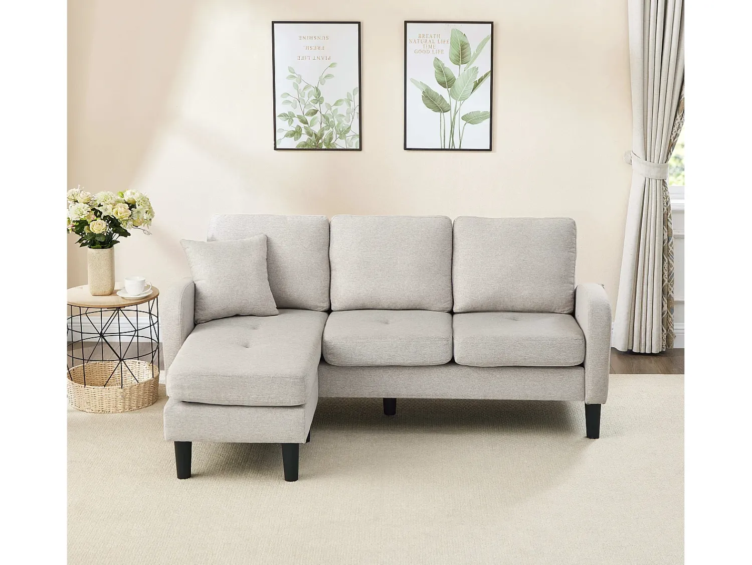Sofá de 3 lugares com chaise longue – Sofá de canto com bolsos laterais – tecido de algodão e linho^ Sofá