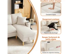 Sofá*Merax Sofá de 3 lugares com chaise longue - 175 x 129 x 90 cm - com arrumação + 2 almofadas - algodão + linho - Bege