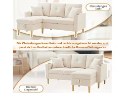 Sofá*Merax Sofá de 3 lugares com chaise longue - 175 x 129 x 90 cm - com arrumação + 2 almofadas - algodão + linho - Bege