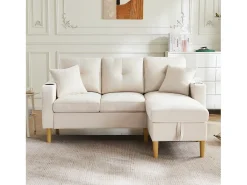 Sofá*Merax Sofá de 3 lugares com chaise longue - 175 x 129 x 90 cm - com arrumação + 2 almofadas - algodão + linho - Bege