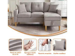 Clearance Merax Sofá de 3 lugares com chaise longue - 175 x 129 x 90 cm - com arrumação + 2 almofadas - algodão + linho - cinza claro Cinzento claro
