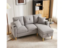 Clearance Merax Sofá de 3 lugares com chaise longue - 175 x 129 x 90 cm - com arrumação + 2 almofadas - algodão + linho - cinza claro Cinzento claro