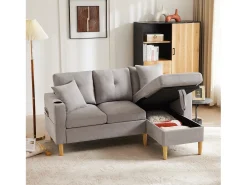 Clearance Merax Sofá de 3 lugares com chaise longue - 175 x 129 x 90 cm - com arrumação + 2 almofadas - algodão + linho - cinza claro Cinzento claro