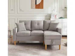 Clearance Merax Sofá de 3 lugares com chaise longue - 175 x 129 x 90 cm - com arrumação + 2 almofadas - algodão + linho - cinza claro Cinzento claro