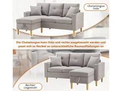 Clearance Merax Sofá de 3 lugares com chaise longue - 175 x 129 x 90 cm - com arrumação + 2 almofadas - algodão + linho - cinza claro Cinzento claro