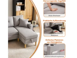 Clearance Merax Sofá de 3 lugares com chaise longue - 175 x 129 x 90 cm - com arrumação + 2 almofadas - algodão + linho - cinza claro Cinzento claro