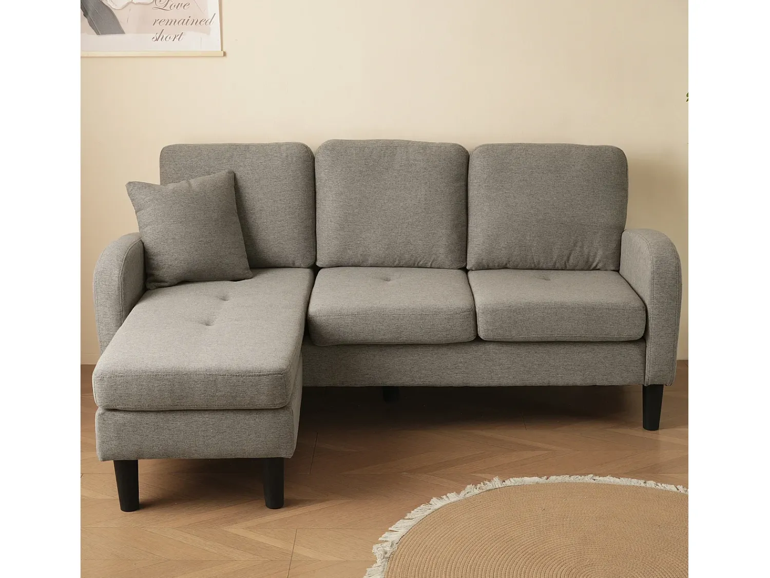 Sofá de 3 lugares com chaise longue – Sofá de canto com bolsos laterais – Tecido de algodão e linho -escuro^ Sofá
