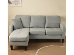 Sofá* Sofá de 3 lugares com chaise longue – Sofá de canto com bolsos laterais – tecido de algodão e linho cinzento Cinzento claro