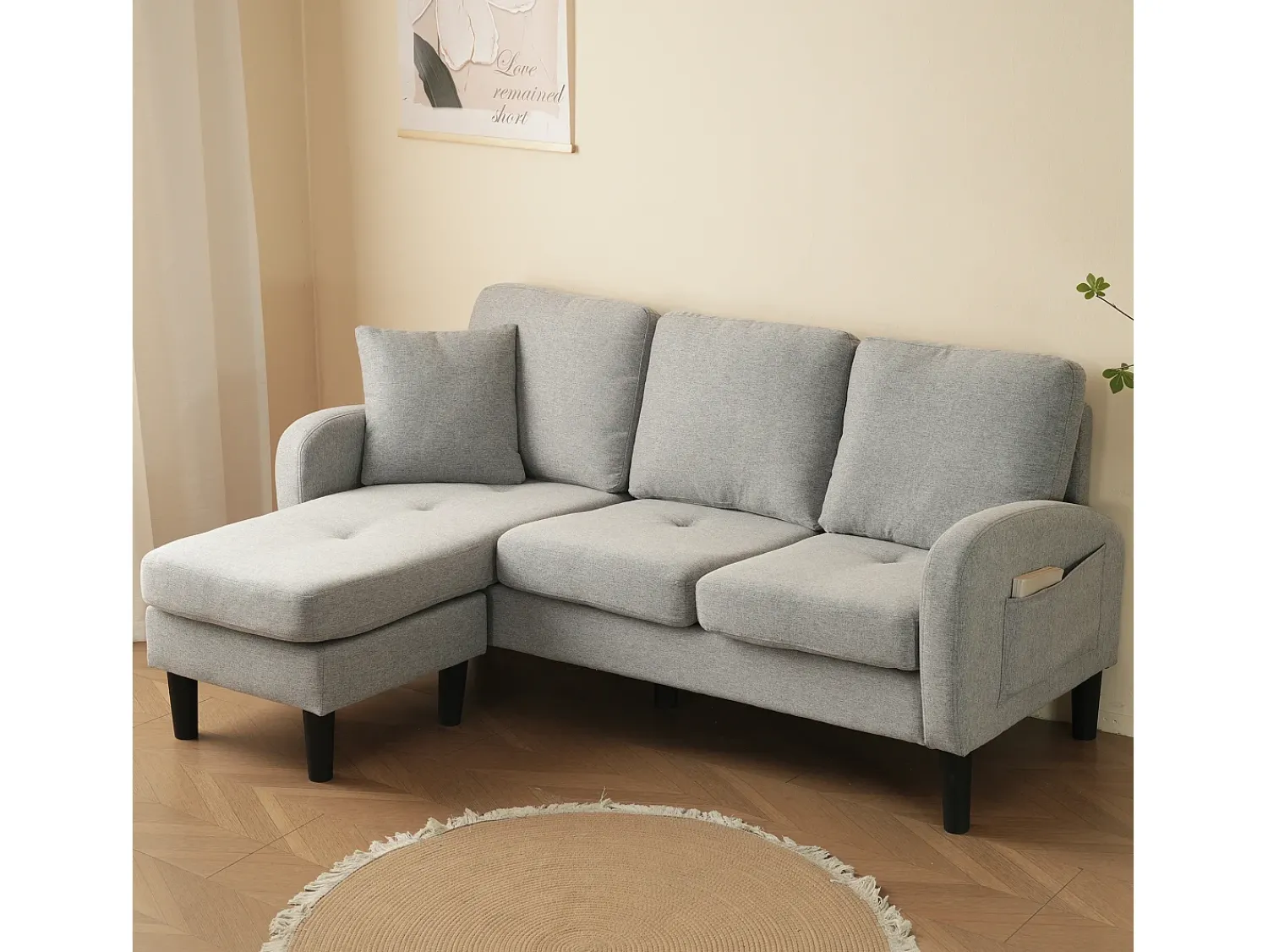 Sofá* Sofá de 3 lugares com chaise longue – Sofá de canto com bolsos laterais – tecido de algodão e linho cinzento Cinzento claro