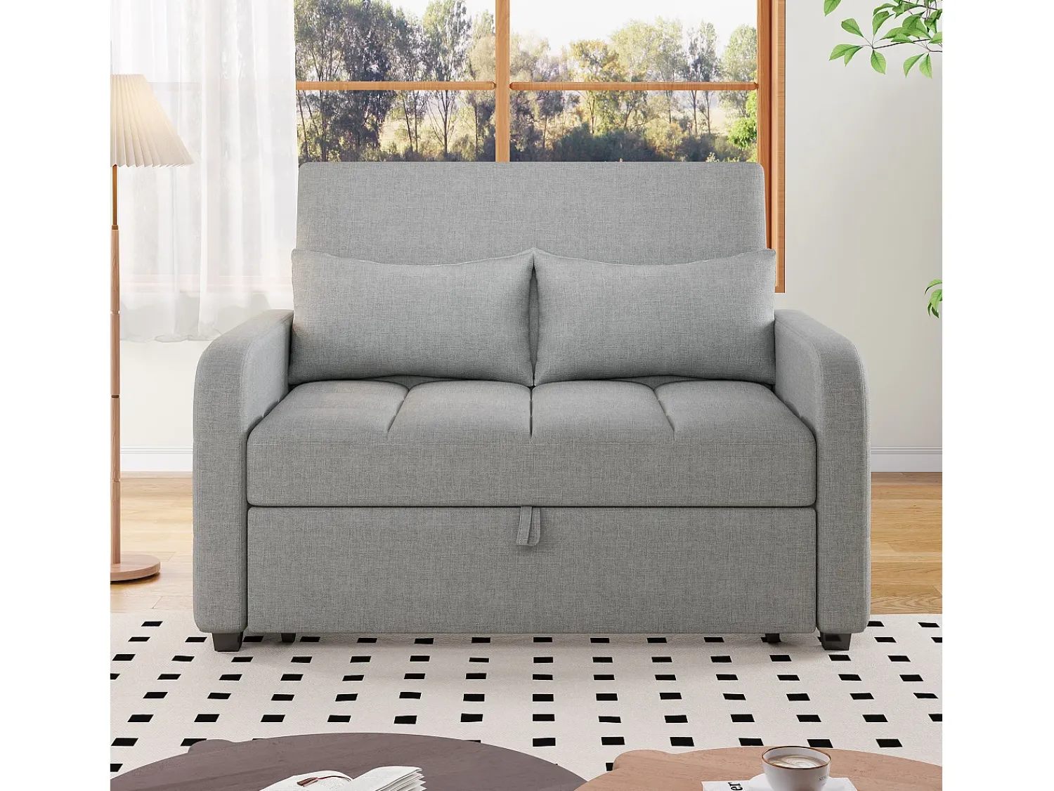 Online Sofá de 2 lugares com função de extensão - Sofá de relaxamento com encosto ajustável e 2 almofadas - Linho Cinzento