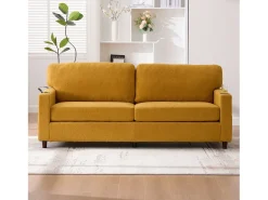 Sofá| Sofá de 2 lugares com iluminação LED - Sofá reto com suporte para copos e bolsos laterais - chenille Amarelo
