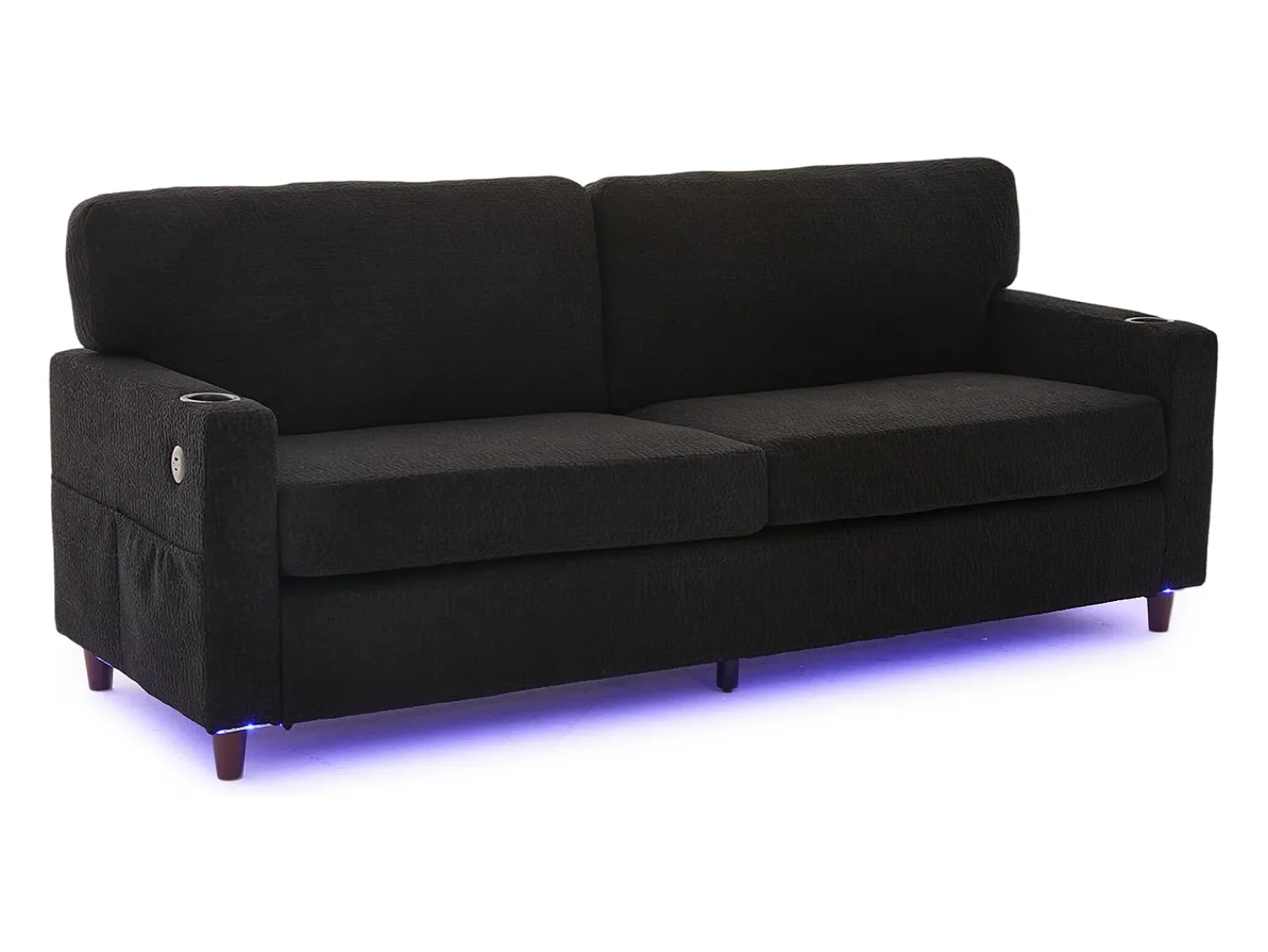 Sofá de 2 lugares com iluminação LED - Sofá reto com suporte para copos e bolsos laterais - chenille^ Sofá