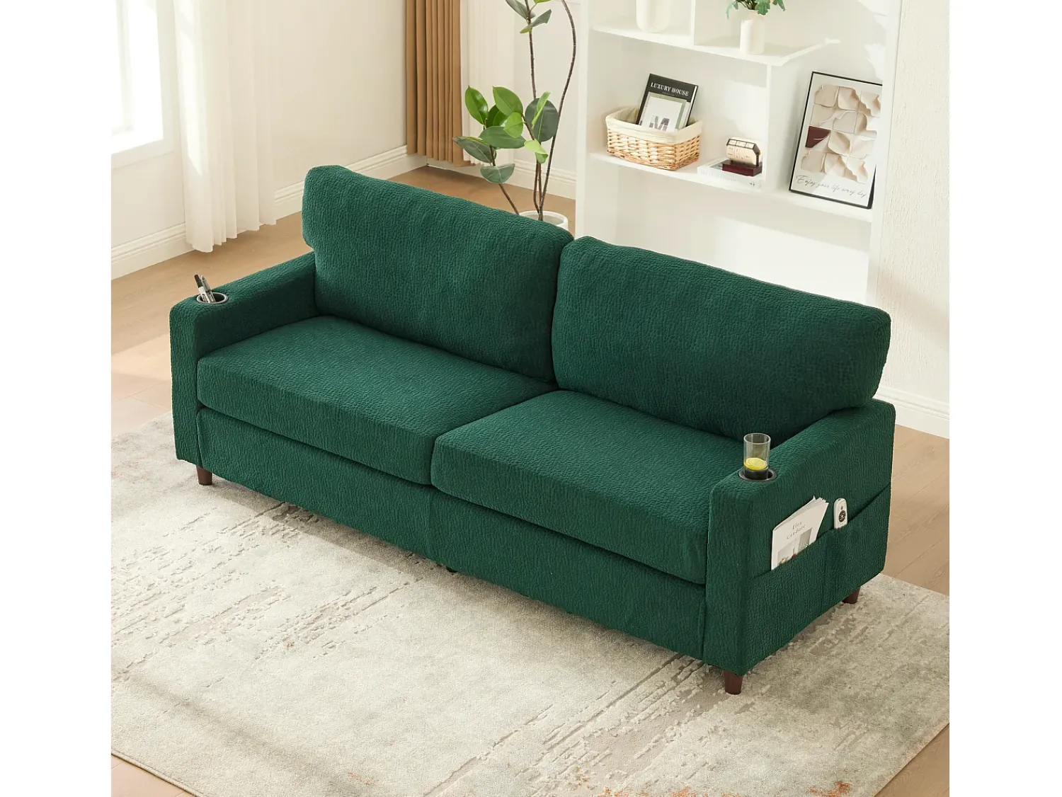 Sofá| Sofá de 2 lugares com iluminação LED - Sofá reto com suporte para copos e bolsos laterais - chenille Verde