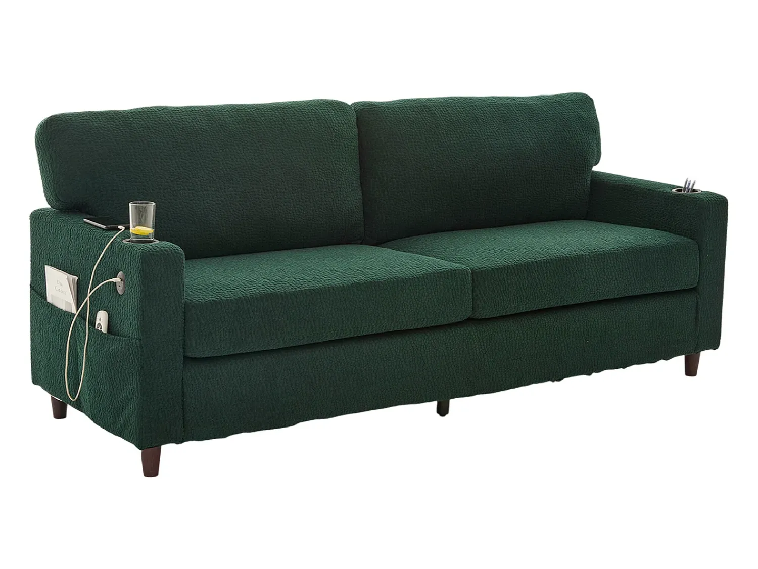 Sofá*Hauss Spole Sofá de 2 lugares com porta USB-C, iluminação LED e bolsos laterais - Tecido chenille - Verde esmeralda