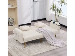 Sofá| Sofá de 2 lugares com portas USB - Sofá reto com suporte para telemóvel e bolsos laterais - Encosto ajustável - Veludo Bege