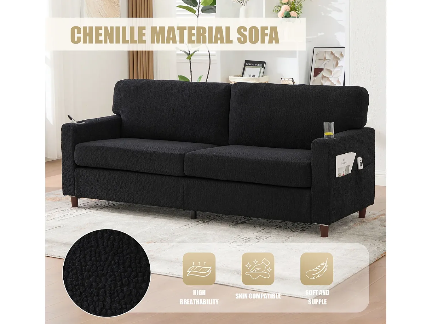 Hauss Spole Sofá de 2 lugares com porta USB-C, luz LED e bolsos laterais - Tecido chenille -^ Sofá