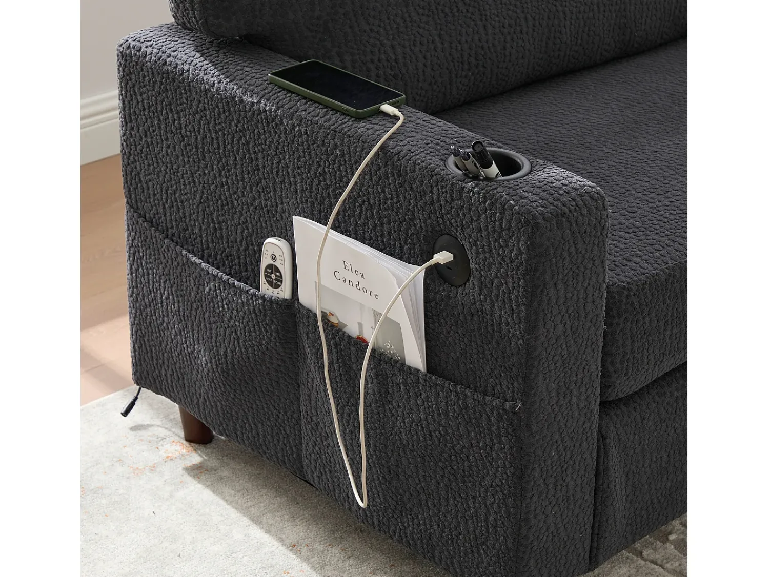 Sofá*Hauss Spole Sofá de 2 lugares com porta USB-C, luz LED e bolsos laterais - Tecido chenille - Cinza escuro Cinzento