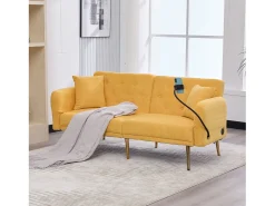 Sofá* Sofá de 2 lugares com portas USB - Sofá reto com suporte para telemóvel e bolsos laterais - Encosto ajustável - Veludo Amarelo