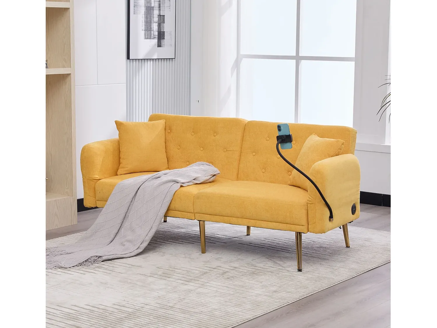Sofá* Sofá de 2 lugares com portas USB - Sofá reto com suporte para telemóvel e bolsos laterais - Encosto ajustável - Veludo Amarelo