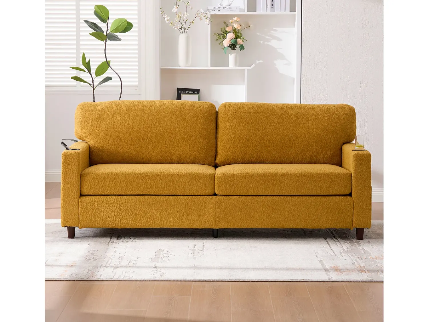 Sofá|Hauss Spole Sofá de 2 lugares com porta USB-C, iluminação LED e bolsos laterais - Tecido chenille - Amarelo mostarda