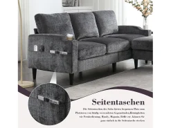 Sofá*Merax Sofá de 4 lugares com pufe - 196,5 x 75 x 77 cm - com armazenamento + braços - veludo - cinza Cinzento